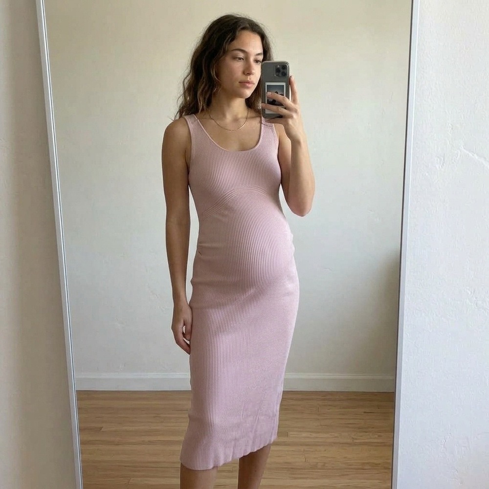 Quince Womens Cotton Cashmere Maternity Fitted Midi Dress Medium Pink Ribbed